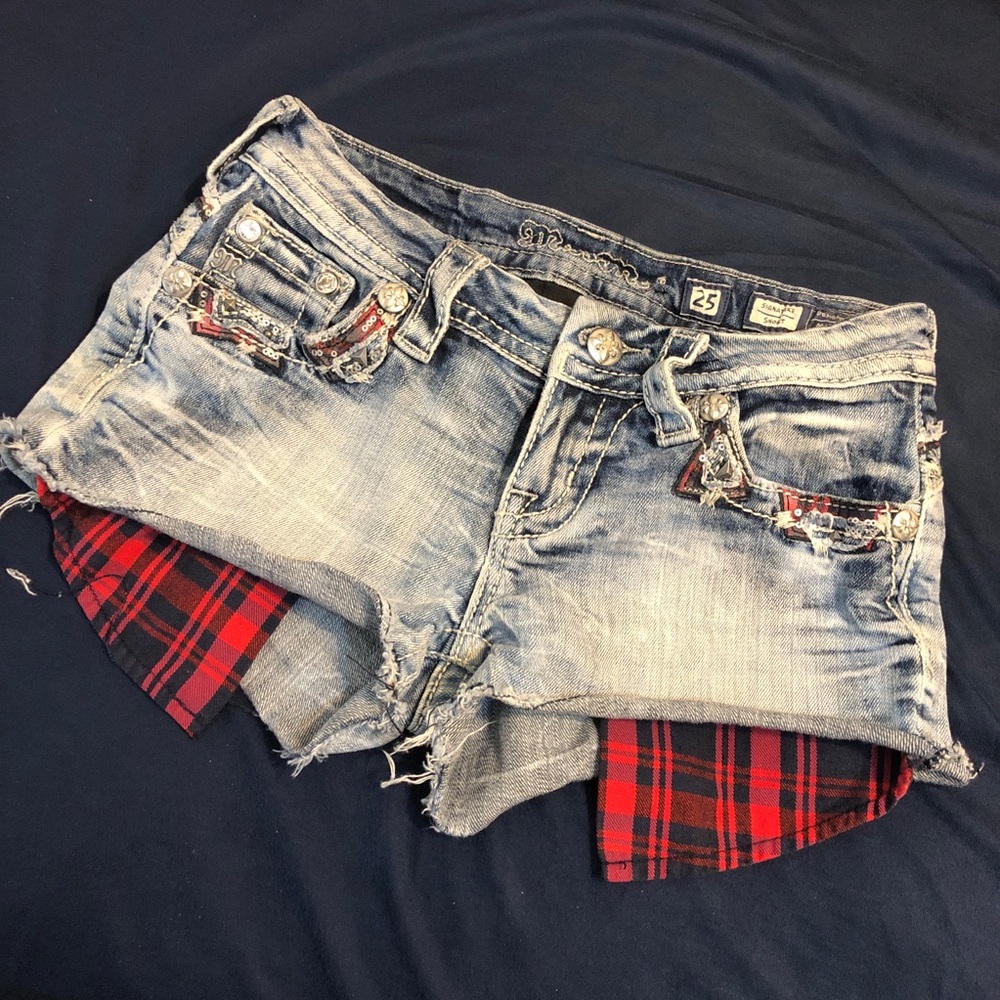 Miss Me Blue and Red Jean Shorts Distressed Design